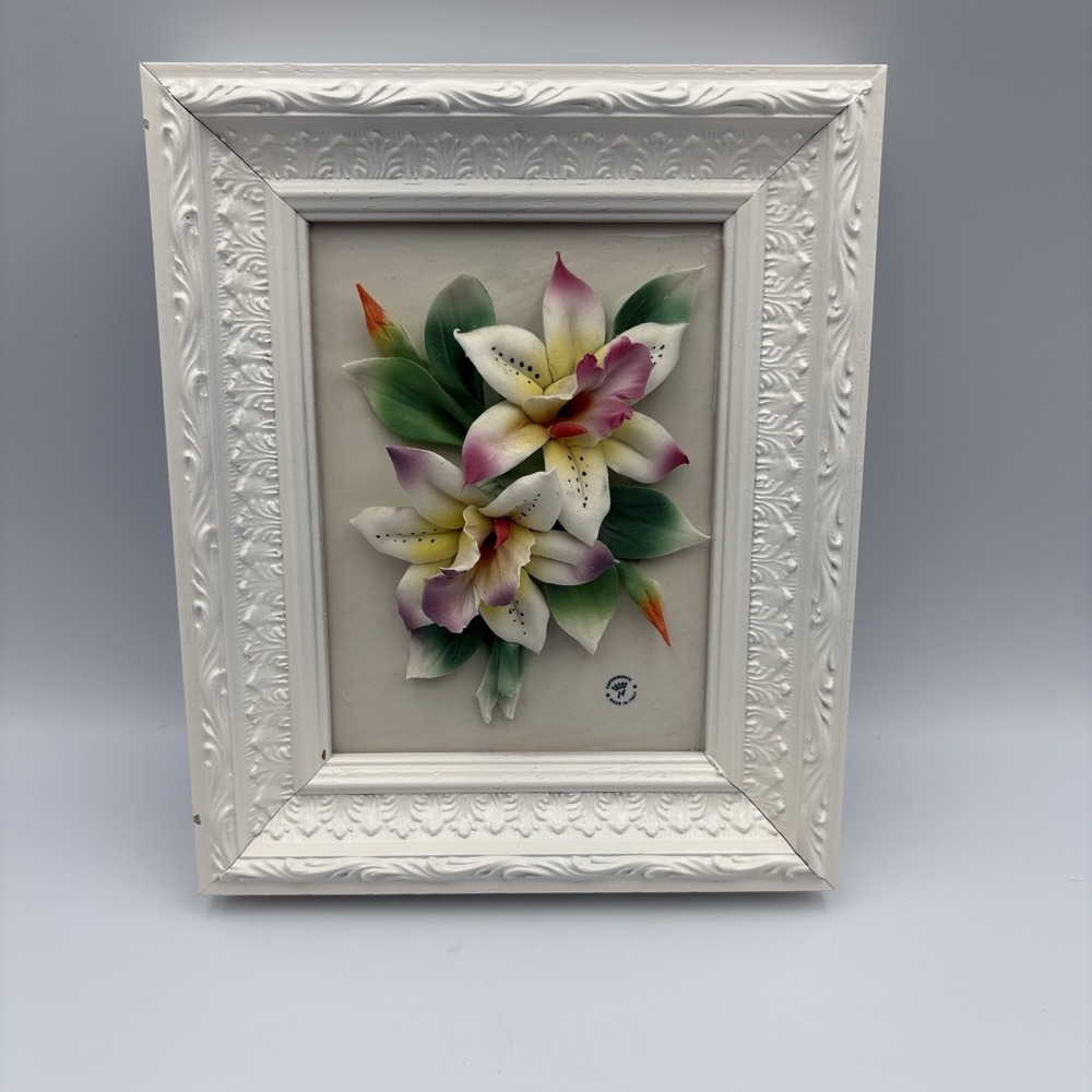 Capodimonte Italy Framed Wall Art 3-D Porcelain Lillies Flowers Ornate Vintage